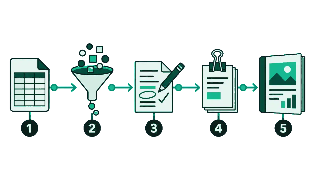 Five-step SEO report workflow from data file through filtering, annotation, binding, and delivery