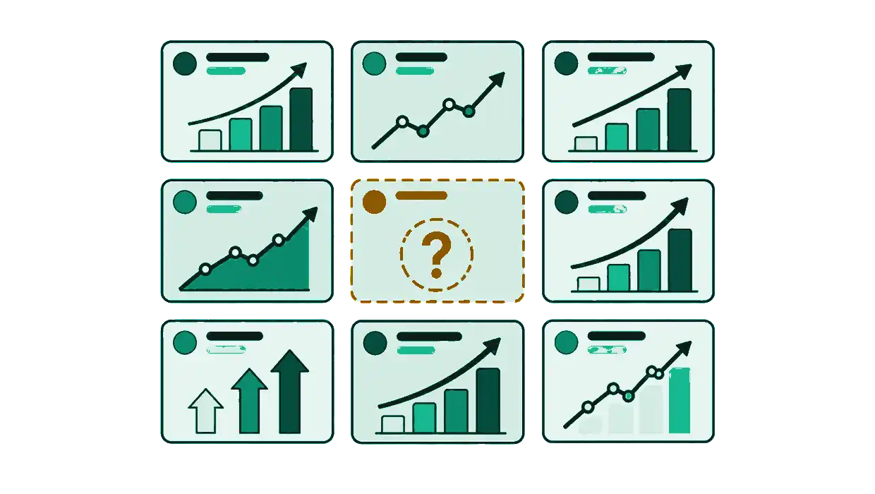Monthly SEO report KPI matrix with rising indicators and one highlighted performance gap