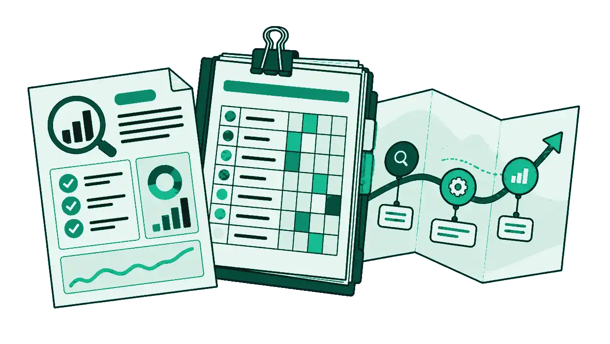 SEO audit deliverables shown as a summary sheet, workbook, and roadmap