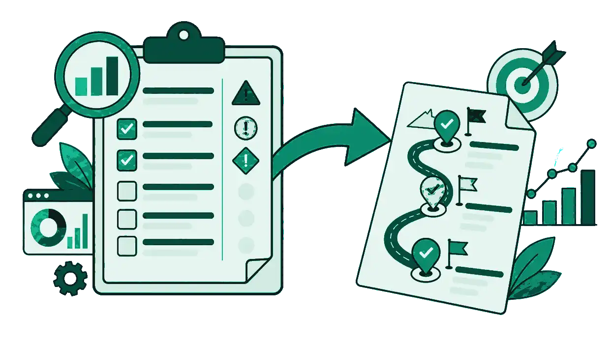 SEO audit clipboard diagram with checklist, severity markers, and an arrow to a roadmap