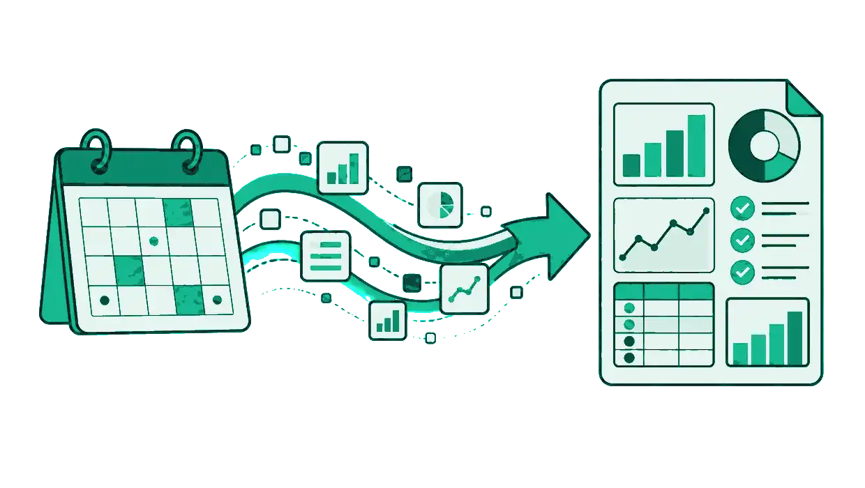 Monthly SEO report diagram showing calendar data flowing into a structured report sheet