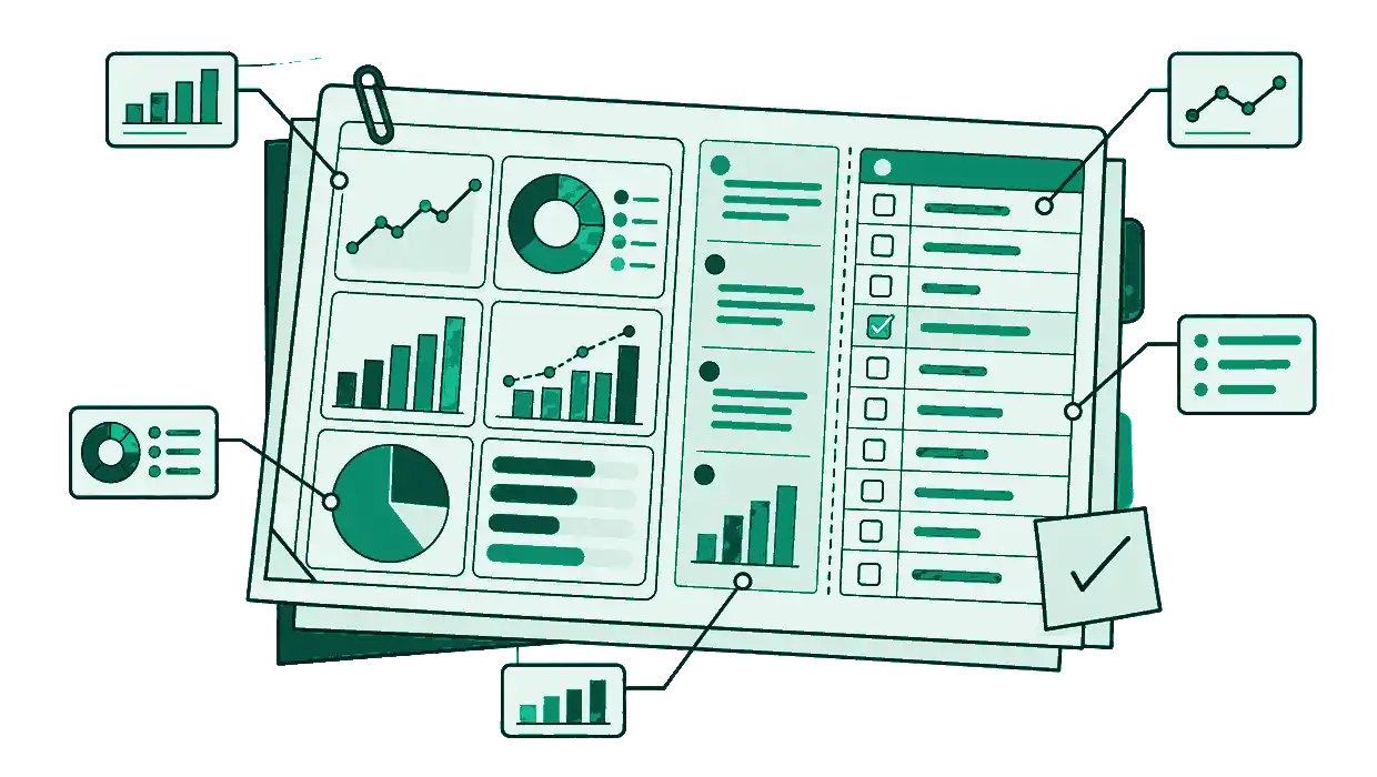 Diagram of a monthly SEO report workbook with KPI blocks, commentary margin, and an action list