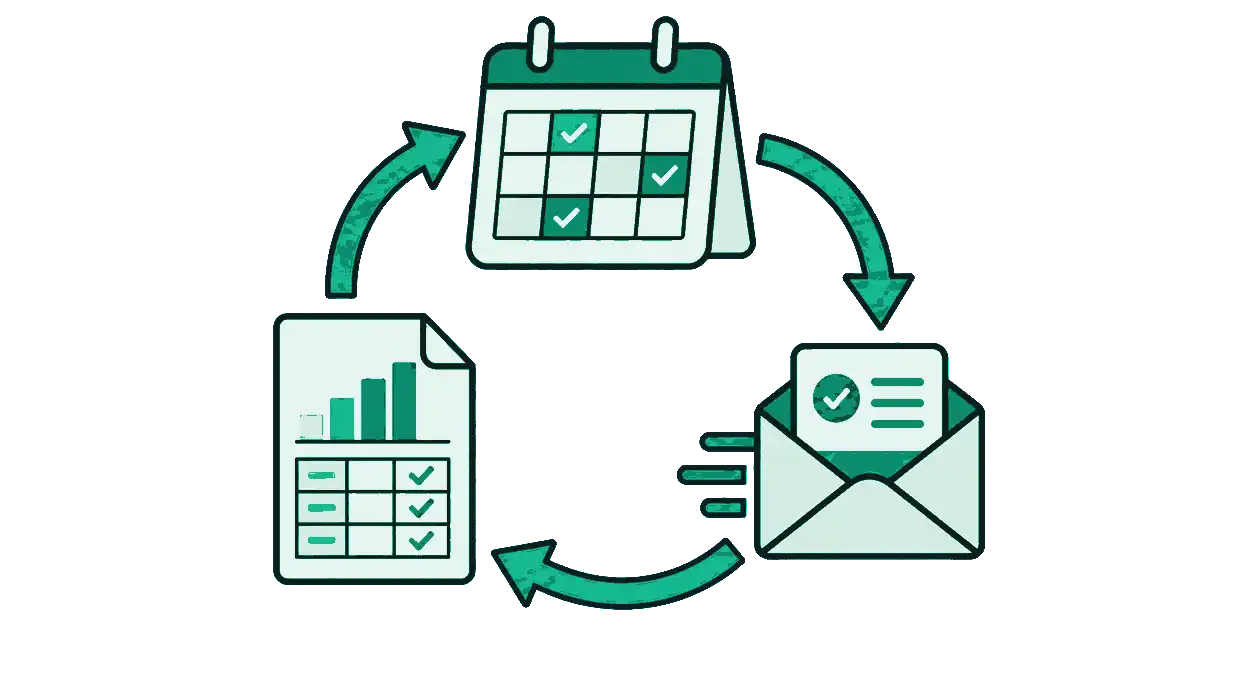 SEO reporting cadence diagram linking a calendar, report sheet, and delivery envelope